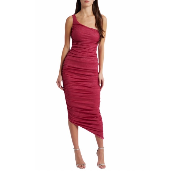 Jump Apparel Dresses & Skirts - Jump Apparel Ruched One-Shoulder Midi Dress Pink NWT Prom Formal Occasion Party